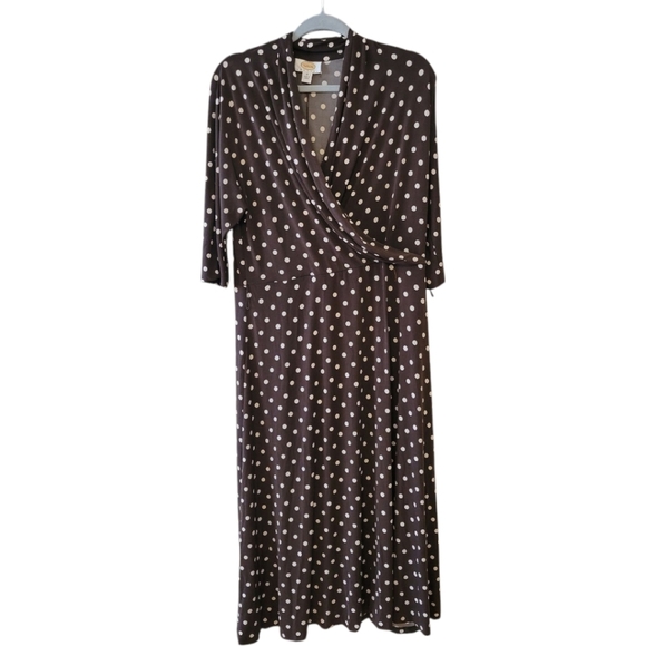 Talbots Brown Polka Dot Faux Wrap Maxi Dress Size 16 Petite - Picture 1 of 4